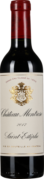 Halbflasche mit rotem Kapselverschluss und elegantem weißen Etikett mit goldenem Wappen und schwarzer, geschwungener Schrift.