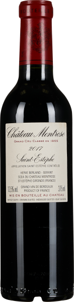 Dunkle Weinflasche mit rotem Hals und cremefarbenem Etikett.