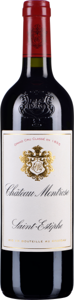 Dunkle Weinflasche mit rotem Kapselverschluss, elegantem Wappen und goldenen Verzierungen auf dem Etikett.