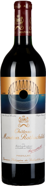 Rotweinflasche mit elegantem Etikett und goldenen Akzenten.