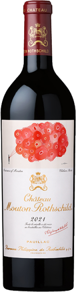 Flasche mit dunkelrotem Wein, elegantem Etikett mit gezeichneter Traube in Rot- und Rosatönen, und goldfarbenem Emblem auf der Oberseite.