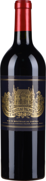 Dunkle Weinflasche mit rotem Verschluss und elegantem, goldgeprägtem Etikett, das ein Schloss-Motiv zeigt.