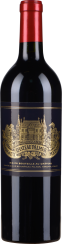 Dunkle Weinflasche mit rotem Verschluss und elegantem, goldgeprägtem Etikett, das ein Schloss-Motiv zeigt.