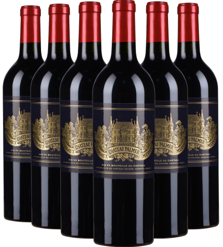 Sechs Weinflaschen mit roten Kapseln und elegantem, goldverziertem Etikett.