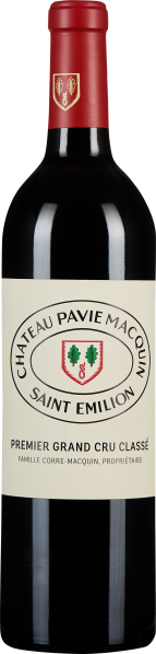 Dunkle Weinflasche mit rotem Verschluss und einem eleganten Etikett, das ein Wappen mit zwei Eichenblättern zeigt.