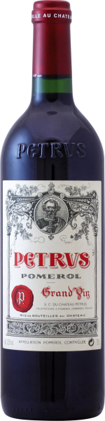 Dunkelrote Weinflasche mit detailliertem weißem Etikett und geprägtem Flaschennamen.