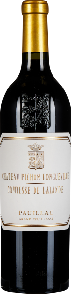 Dunkle Glasflasche mit goldener Kapsel, elegantes Etikett in Cremeweiß mit goldenen Verzierungen und einem geprägten Wappen.