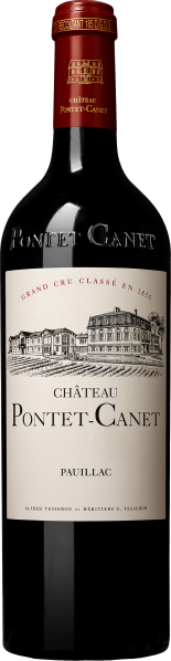 Dunkle Weinflasche mit elegantem Etikett und rotem Hals-Siegel.