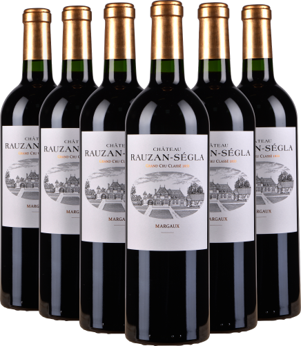 Sechs dunkle Weinflaschen mit goldenen Kapseln und eleganten, illustrierten Etiketten.