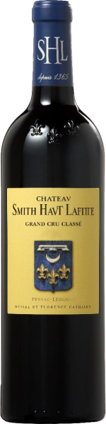 Eine dunkle Weinflasche mit einem blauen Hals und goldener Etikette, die ein Wappen mit goldenen Lilien zeigt.