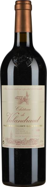 Eine Flasche Rotwein mit elegantem Etikett, das ein Château in skizzenhafter Darstellung zeigt. Die Flasche hat einen kupferfarbenen Hals und eine dunkelrote Weinfarbe, die durch das Glas sichtbar ist.