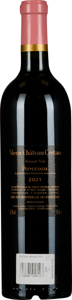 Dunkle Weinflasche mit rotem Etikett und roséfarbenem Verschluss.