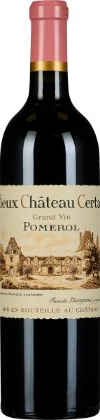 Dunkle Weinflasche mit rotem Kapselverschluss; Etikett zeigt eine stilisierte Abbildung eines Schlosses im klassischen Design.