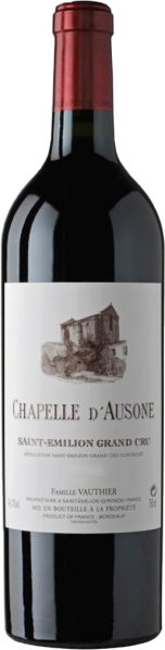 Flasche Rotwein mit dunkelrotem, glänzendem Etikett, das eine gezeichnete Darstellung eines Gebäudes zeigt. Die Flasche hat einen roten Kapselverschluss.