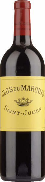 Eine Weinflasche mit dunkelrotem Glas und einem leuchtend gelben Etikett mit schwarzer Schrift, gekrönt von einer roten Kapsel.