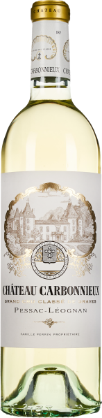 Flasche Weißwein mit elegantem Etikett, auf dem ein herrschaftliches Château abgebildet ist. Die Flasche hat eine goldene Kapsel und das Etikett betont hochwertige und klassische Akzente.