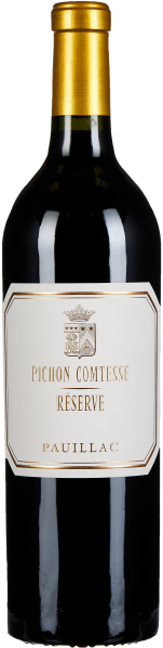 Weinflasche mit dunkler Glasflasche und goldener Kapsel, elegantem weißen Etikett mit goldenen Verzierungen und Wappen in der Mitte.