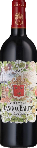 Dunkle Weinflasche mit kunstvoll gestalteten Etikett in detailreichen Farben.