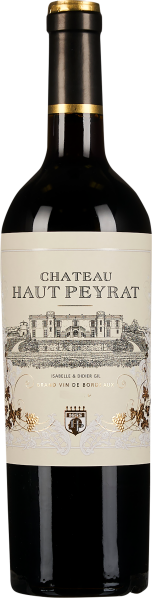 Flasche Rotwein mit elegantem Etikett, zeigt eine schwarz-weiße Zeichnung eines Châteaus und goldene Akzente, darunter Traubenornamente und ein Wappen.