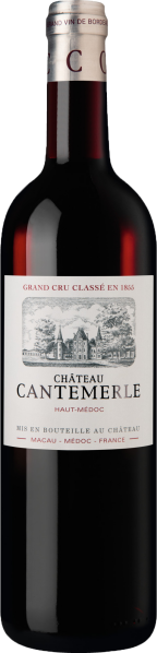 Eine elegante Weinflasche mit dunkelrotem Wein, klassischem Etikett und silberner Kapsel, darauf ein Château abgebildet.