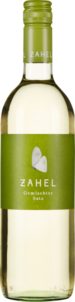 Die Weinflasche hat eine hellgelbe Flüssigkeit und ein modernes, schlichtes Design. Das Etikett und der Schraubverschluss sind in einem lebendigen Grün gehalten.