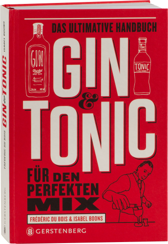 Rotes Buch mit großem, weißen und schwarzen Text; Illustrationen von Gin- und Tonic-Flaschen sowie eine stilisierte Zeichnung eines Barkeepers beim Mixen eines Drinks.