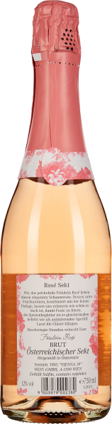 Rosa Rosé-Sektflasche mit floralen Motiven auf der Folie, elegantes Etikett.