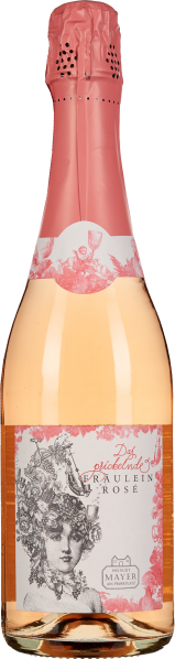 Eine Flasche Schaumwein mit hellrosa Folie, verziert mit einem eleganten Etikett, das eine kunstvolle schwarz-weiße Zeichnung eines Gesichts zeigt, umrahmt von floralen und dekorativen Elementen. Der Wein selbst hat eine zart roséfarbene Tönung.