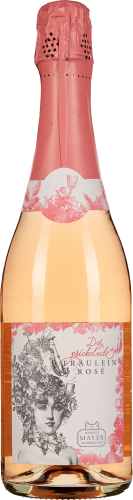 Eine Flasche Schaumwein mit hellrosa Folie, verziert mit einem eleganten Etikett, das eine kunstvolle schwarz-weiße Zeichnung eines Gesichts zeigt, umrahmt von floralen und dekorativen Elementen. Der Wein selbst hat eine zart roséfarbene Tönung.