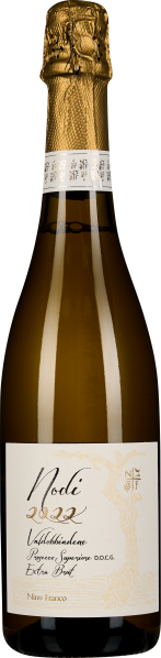 Flasche mit goldenem, strukturiertem Verschluss und edlem Etikett in Creme- und Goldtönen, die einen hochwertigen Schaumwein präsentiert.