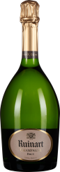 Grüne Champagnerflasche mit breitem, bauchigem Design und eleganter goldener Folienumhüllung am Flaschenhals.