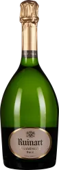 Grüne Champagnerflasche mit breitem, bauchigem Design und eleganter goldener Folienumhüllung am Flaschenhals.