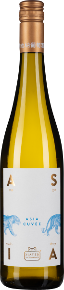 Weißweinflasche mit goldener Kapsel, modernem Etikett, blauen Tigergrafiken.