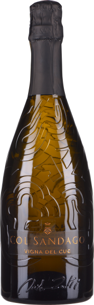 Braune Sektflasche mit elegantem Reliefmuster auf der Glasoberfläche, schwarzer Verschluss und goldene Akzente.