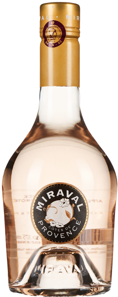 Eine elegante Weinflasche mit roséfarbenem Wein und goldener Kapsel. Die Flasche hat ein rundes Etikett mit floralem Design. Der Wein schimmert leicht im Licht.