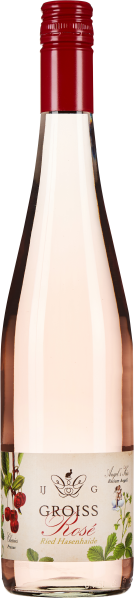 Eine Weinflasche mit klarer Form, gefüllt mit blassrosa Flüssigkeit. Der Schraubverschluss ist rot. Das Etikett zeigt florale und fruchtige Illustrationen mit feinen Details.