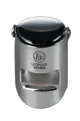 Silberner Champagner-Flaschenverschluss mit glänzendem schwarzen Deckel und elegantem Design.