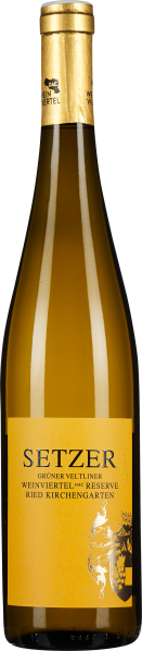 Flasche Weißwein mit goldener Kapsel und leuchtend gelbem Etikett, das eine stilisierte Grafik zeigt.