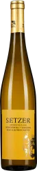 Flasche Weißwein mit goldener Kapsel und leuchtend gelbem Etikett, das eine stilisierte Grafik zeigt.
