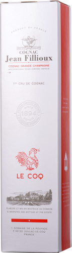 Weiße Verpackung mit roten Akzenten und einem gezeichneten Hahn.