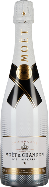 Champagnerflasche mit weißem, elegantem Design, goldenen Akzenten und einem markanten schwarzen Band. Die Oberseite ist mit einem goldenen Stern verziert.