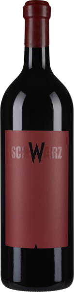 Dunkle Weinflasche mit rotem Etikett und rotem Verschluss.