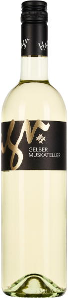 Eine klare Weinflasche mit heller, gelblich-grüner Flüssigkeit und einem eleganten schwarzen Etikett sowie einem schwarzen Schraubverschluss.