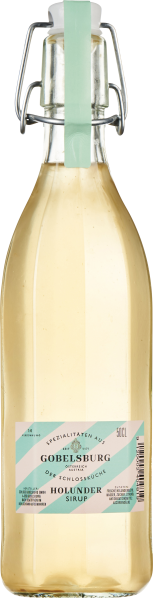 Klare Glasflasche mit Bügelverschluss, befüllt mit blassgelber Flüssigkeit. Das Etikett hat ein diagonales Streifenmuster in Mintgrün und Weiß.