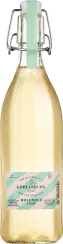 Klare Glasflasche mit Bügelverschluss, befüllt mit blassgelber Flüssigkeit. Das Etikett hat ein diagonales Streifenmuster in Mintgrün und Weiß.