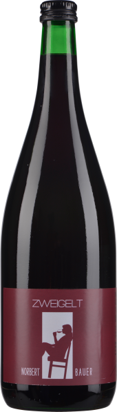 Dunkle Weinflasche mit grünem Hals und rotem Etikett.