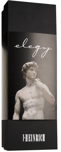 Schwarze Weinverpackung mit David-Statue und eleganter Schrift.