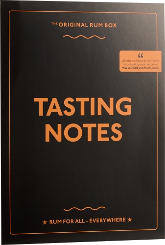 Schwarzes Design mit orangefarbenem Text, minimalistische Aufmachung, elegante Rum-Probenotizen.