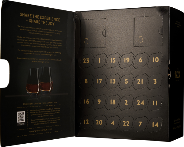 Schwarzer Adventskalender mit goldenen Zahlen und zwei Gläsern auf der Innenseite.