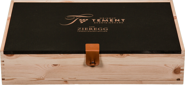 Holzkiste mit schwarzem Deckel und elegantem, goldenen Logo.